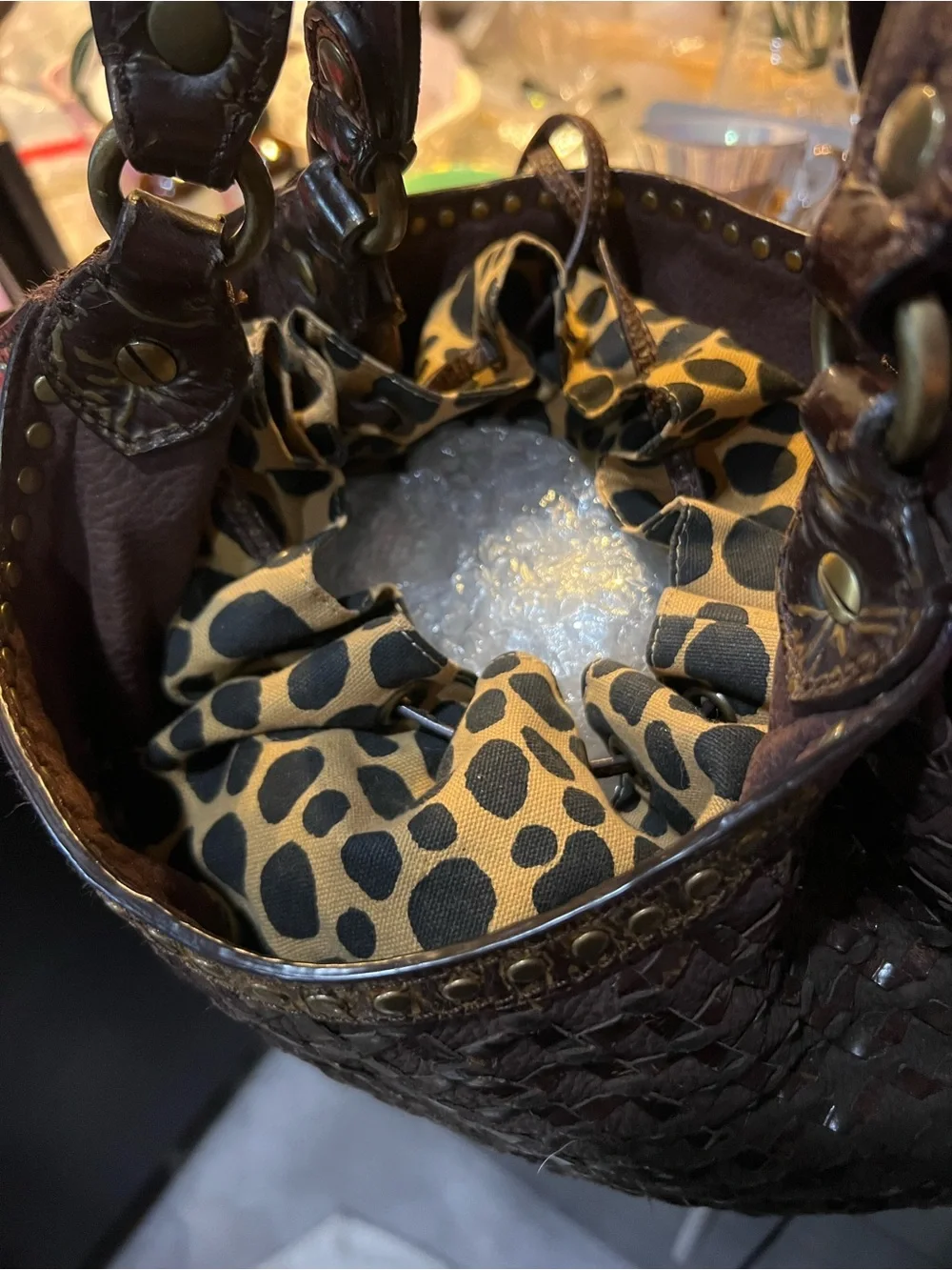 Moschino Dark Brown Woven Leather Hobo with Stud Accents